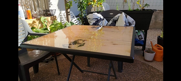 לחיצה להגדלת תמונה שולחן מעוצב עם איורי עקרב בציפוי אפוקסי שקוף קריסטלי פרי יצירתו של אדי גרבר